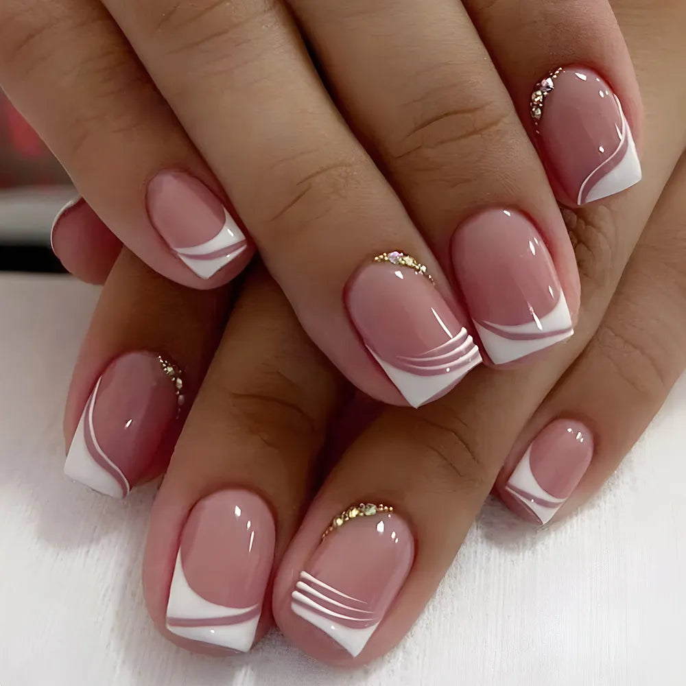 24pcs False Nail Full Cover Elegant Pink Gradient Glitter French Short Press On Nails