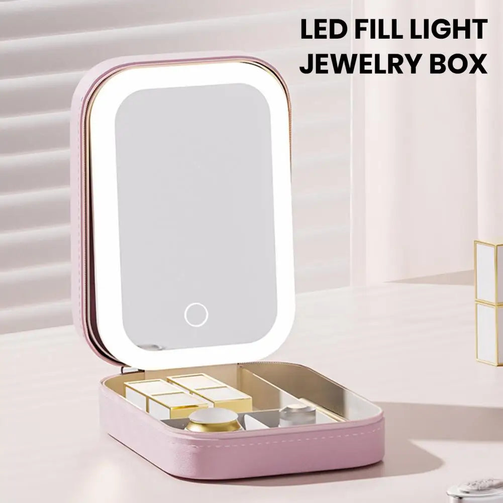 Portable Led Mirror Cosmetic Storage Box with Multi-compartment for Jewelry