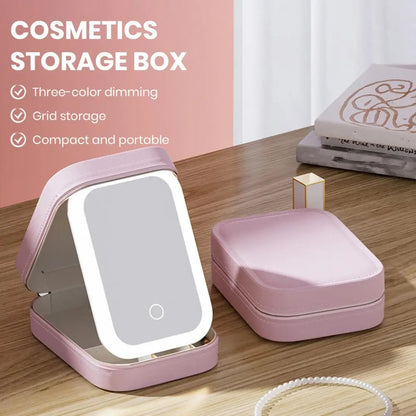 Portable Led Mirror Cosmetic Storage Box with Multi-compartment for Jewelry