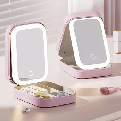 Portable Led Mirror Cosmetic Storage Box with Multi-compartment for Jewelry